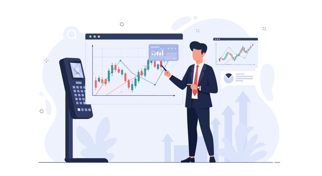 Businessman analyzes financial stock market charts on screen, presenting data with graphs and uptrend arrows, modern vector illustration