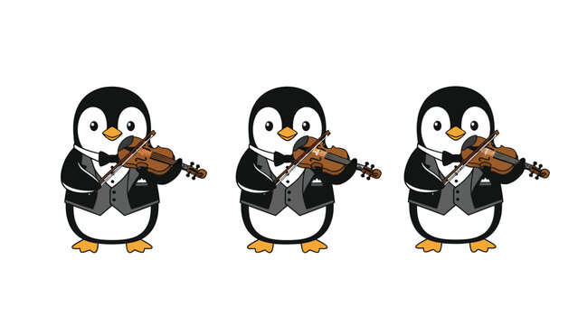 Three cartoon penguins dressed in tuxedos playing violins on a white background.