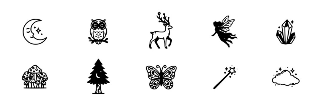 Icon Set with Small Black Line Drawings of Moon, Owl, Deer, Butterfly, Crystal, Pine Tree, and Magic Wand