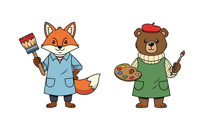 Fototapeta premium Cute cartoon fox and bear dressed as artists, holding painting supplies and smiling.