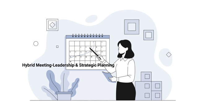 Businesswoman leading strategic planning and hybrid meetings, pointing at calendar with growth chart