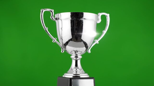Shiny silver trophy on pedestal.
