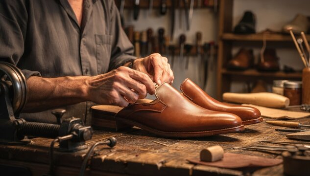 Closemedium shot of shoemaker assembling mules using simple machinery and hand finishing techniques highlighting craftsmanship in an intimate setting.