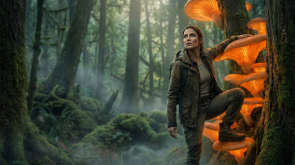 Fototapeta premium Adventurous woman explores a mystical forest. Glowing mushrooms illuminate the path, casting an enchanting glow. The scene blends wonder, curiosity, and quiet magic.