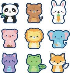 Fototapeta premium Cute Kawaii Animal Vector Character Set Featuring Panda Bear Rabbit Pig Lion Elephant Cat Frog and Fox for Sticker Graphic Designs
