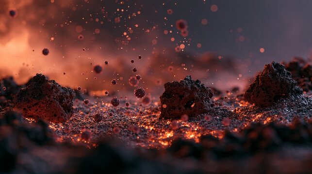 A dramatic microscopic-meets-landscape scene with volcanic ash, porous basalt fragments, sulfur haze, and glowing virus particles interacting across ash grains, suggesting host-microbe ecology in an