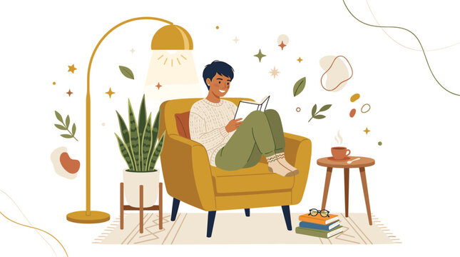 Flat vector illustration of a happy man reading a book in a cozy armchair under a warm floor lamp with coffee and plants