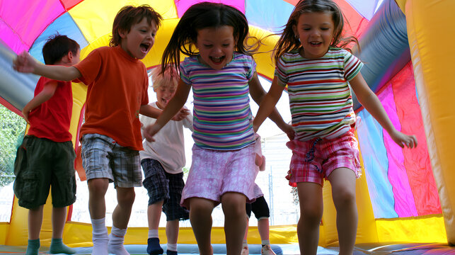 Children gather in a vividly colored bounce house, laughing and jumping, fully embodying the carefree joy of their youthful fun