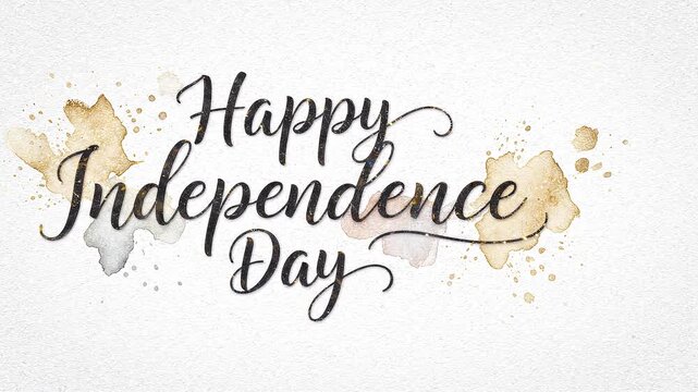 Happy Independence Day Calligraphy with Watercolor Splashes on White Background.