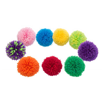 Vibrant multicolored fluffy pom-poms set arranged in a circular pattern, isolated on transparent background
