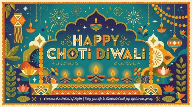 Choti Diwali Greeting Card Design with Traditional Oil Lamps and Floral Patterns for Indian Festival of Lights Celebration and Cultural Holiday Background Graphic