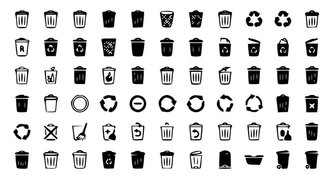 Trash bin icon set with recycle delete and dustbin symbols vector