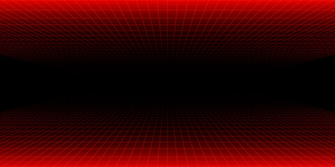 Fototapeta premium Red glowing neon wireframe background. Shining diagonal checkered grid planes in perspective. Retro futuristic depth wallpaper. Arcade game sci fi matrix surface backdrop for poster, banner. Vector