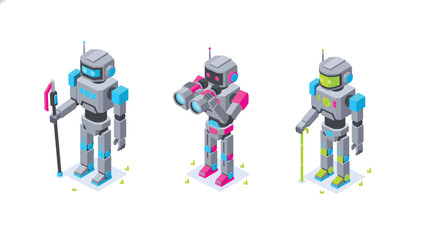 Naklejka premium Three stylized robots in isometric view, each with unique accessories and color schemes, representing technology and artificial intelligence.