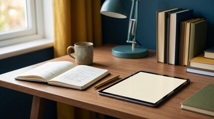 Fototapeta premium Minimalist home office desk setup with open notebook and blank tablet screen for remote work study or creative planning in a cozy workspace environment