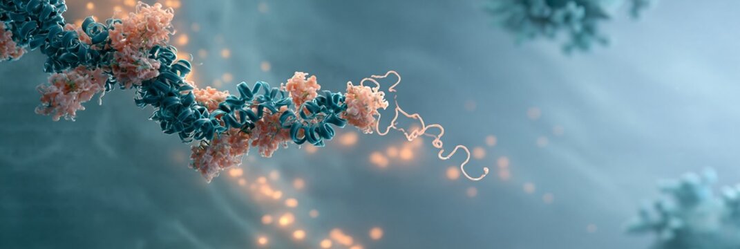 A ribbon-like protein with a loose, flexible N-terminal tail moving through a glowing cell interior, evading degradation machinery nearby. Calm, explanatory mood, soft backlighting, diagonal