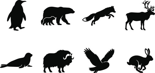 Arctic and Polar Animals Silhouette Vector Icon Set Featuring Polar Bear Penguin Seal and Reindeer © Faruk