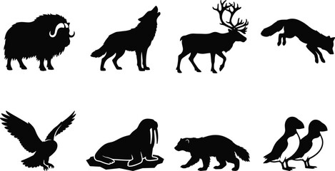 Obraz premium Arctic animals silhouette collection vector set of polar wildlife isolated on white background