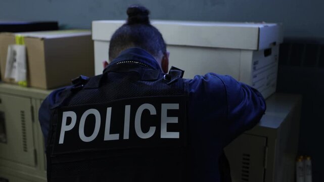 Police officer stressed on the job dealing with PTSD while putting uniform on