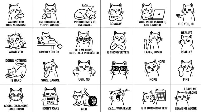 Funny Cat Expressions Sticker Pack: Sarcastic, Grumpy, Annoyed, Tired Cat Memes