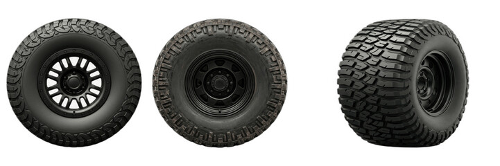 Offroad car tires set isolated on transparent background. Rugged monster truck wheels with black alloy rims for automotive repair brochures, 4x4 vehicle design assets, mud racing promotional posters,  © Qari