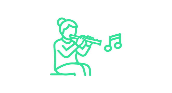 Woman playing flute with musical notes illustration.