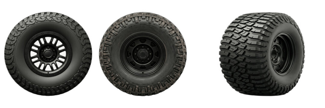 Offroad car tires set isolated on transparent background. Rugged monster truck wheels with black alloy rims for automotive repair brochures, 4x4 vehicle design assets, mud racing promotional posters, 
