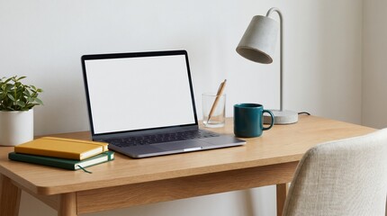 Fototapeta premium Minimalist Home Office Workspace with Blank Laptop Screen for Remote Work and Digital Nomad Lifestyle Concept Featuring Wooden Desk and Modern Decor