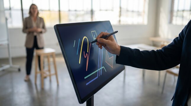 Professional man using interactive digital whiteboard for business strategy presentation in modern office with female colleague in background