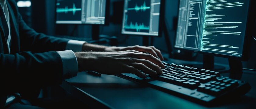 Close up of software developer hands typing on a keyboard with computer monitors showing code
