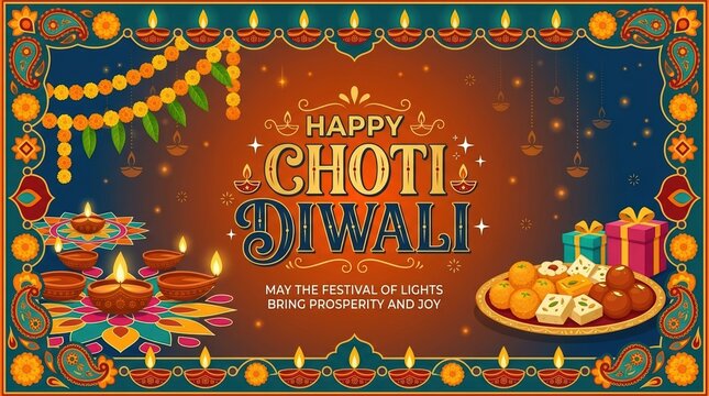 Choti Diwali Greeting Card Design with Traditional Oil Lamps and Indian Sweets for Festive Celebration Background and Cultural Holiday Invitation Template