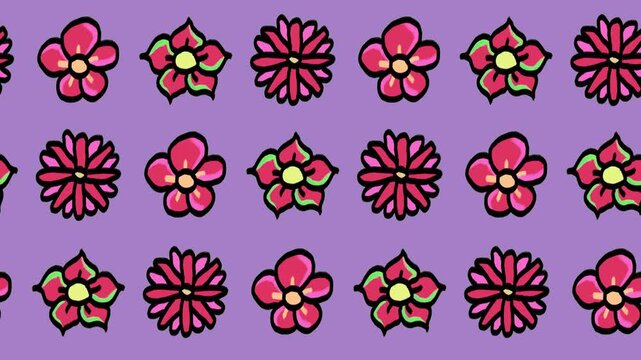 Seamless pattern of hand-drawn pink flowers, dense blooming daisies, and botanical rosettes on a purple background animation for spring botany garden wallpaper and floral blossom backdrop design.