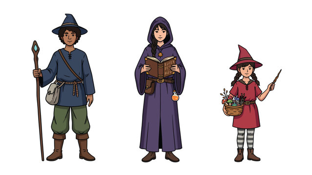 Three young wizards in colorful robes and hats, holding magical items like staffs and spellbooks.