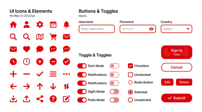 UI Icons, Buttons, Toggles and Elements Set - Red Color Scheme