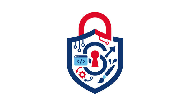 Cyber Security Shield Logo with Code, Gear, Brush and Lock Icon