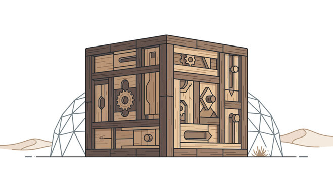 Intricate mechanical cube structure with complex geometric patterns and industrial design elements.