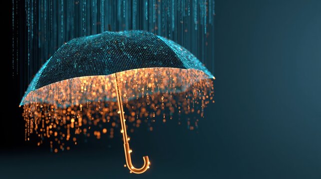 A glowing digital umbrella deflecting falling streams of malicious