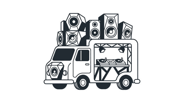 A stylized black and white illustration of a mobile DJ truck equipped with speakers and turntables.