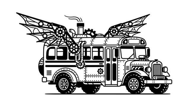 Steampunk school bus with mechanical wings and chimney.