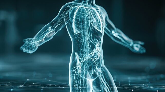 A glowing holographic body map showing organ health status