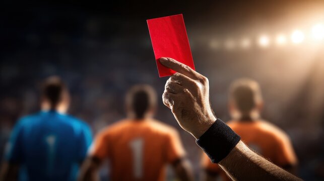Referee holding red card in a dramatic football match, showing a decisive game moment to players in the background.