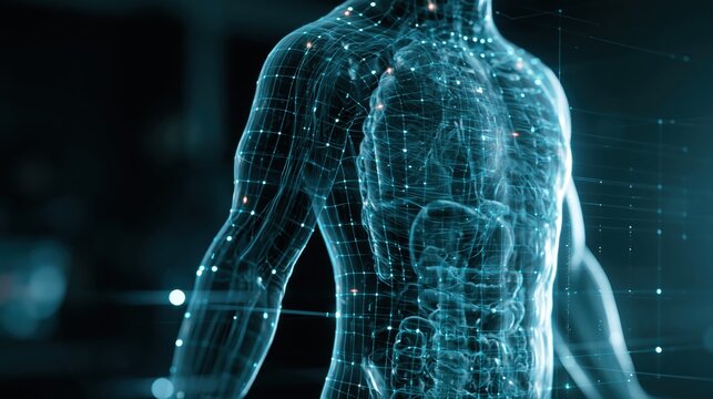 A glowing holographic body map showing organ health status