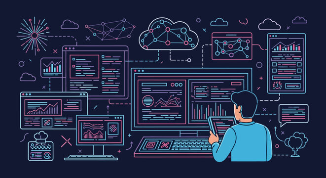Man working on computer with data analysis charts and cloud computing.