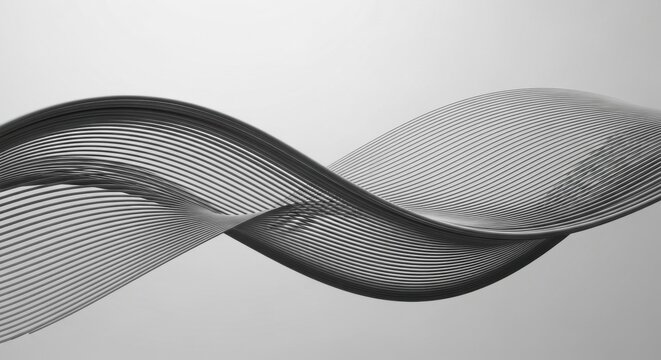 Abstract monochrome 3D wavy line pattern on a light gray background with flowing parallel curved lines forming a twisted ribbon shape. Minimalist digital graphic design.