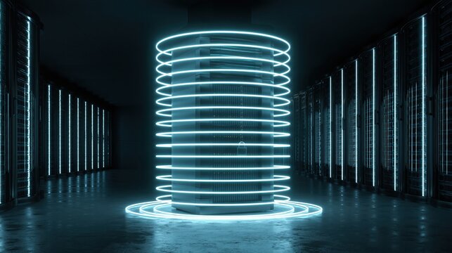 A glowing secure server tower wrapped in protective rings