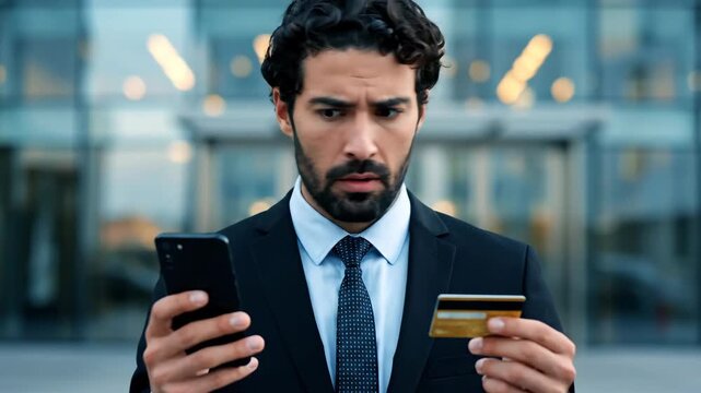 Confused businessman looking at his credit card and smartphone, experiencing online banking issues or fraud.