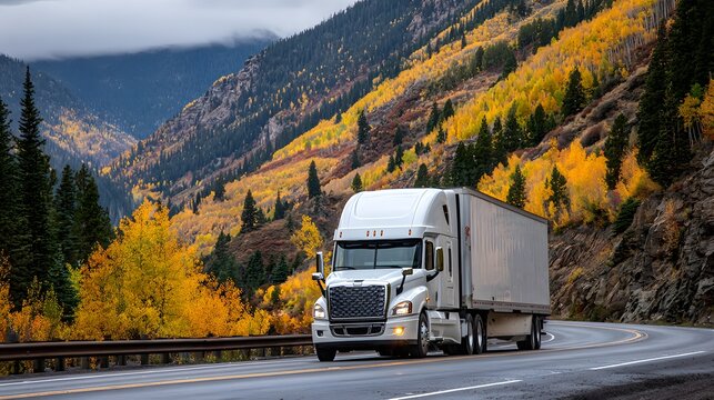 Low cab profile white big rig semi truck transporting cargo in refrigerator semi trailer running on the winding mountain road with autumn forest on the hillsides 
