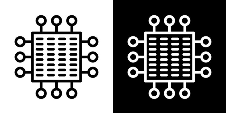 AI microchip icon featuring processor architecture for artificial intelligence, computing, semiconductor, and digital hardware.