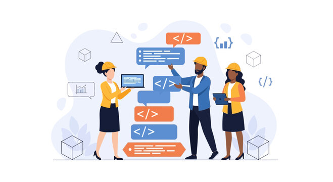 Diverse team of developers collaborating on coding project with laptops and code snippets, vector illustration.