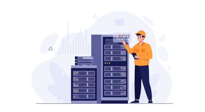 IT technician in hard hat working on server racks in data center, illustration concept for technology, cybersecurity, network administration.